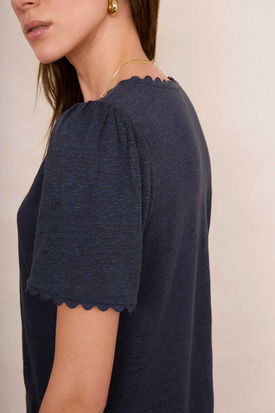 WYSE London Tops | Elyna Ric Rac Linen Tee - Midnight