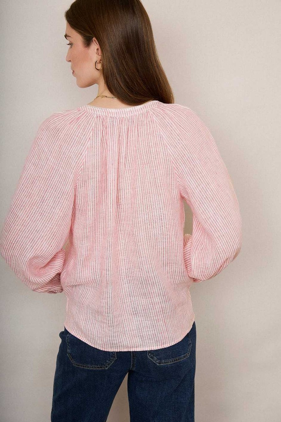 WYSE London Tops | Monica Linen Shirt - Pink Stripe