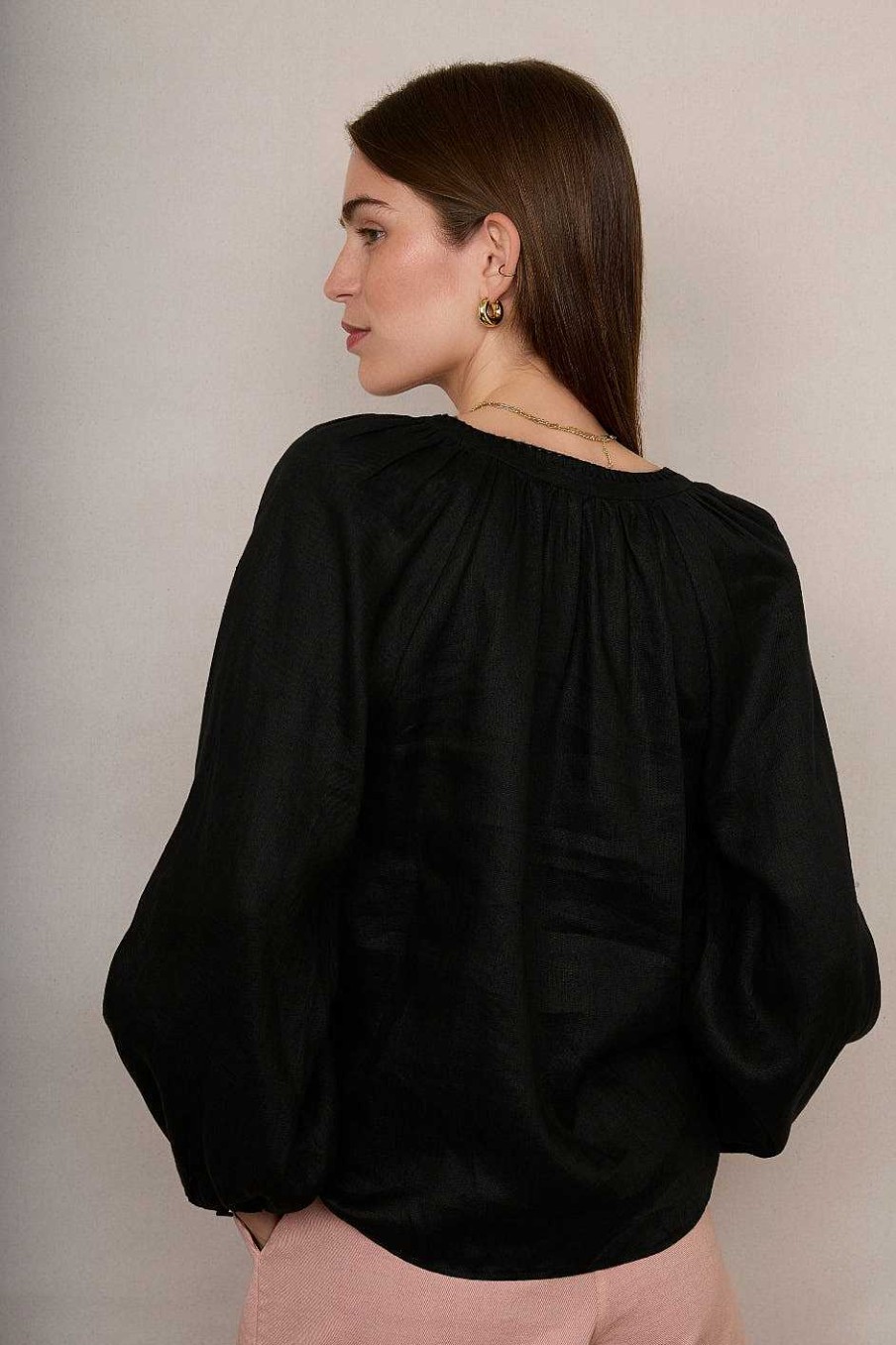 WYSE London Tops | Monica Linen Shirt - Black