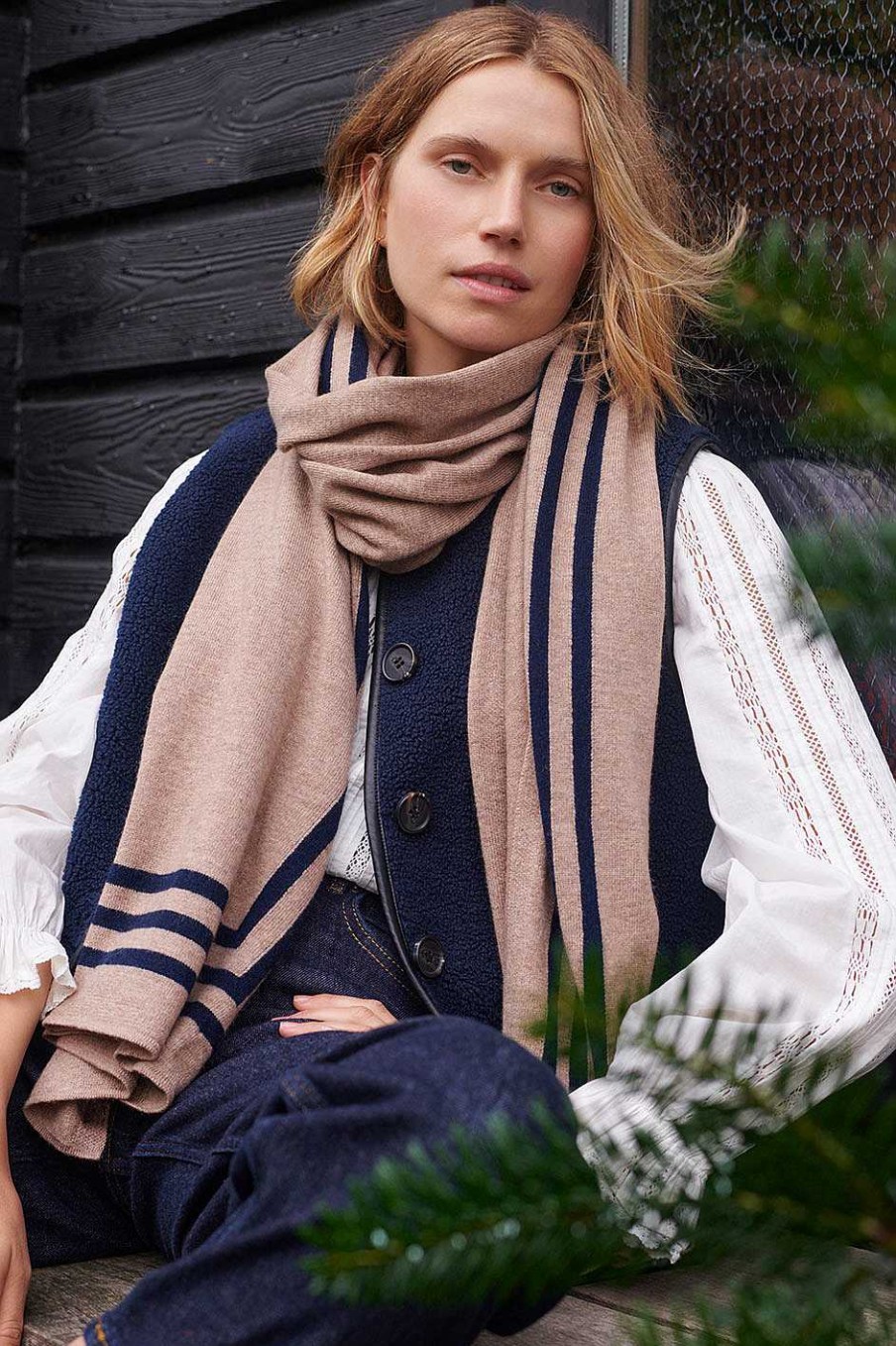 WYSE London Accessories & Shoes | Dianthe Stripe Edge Scarf - Taupe/Midnight