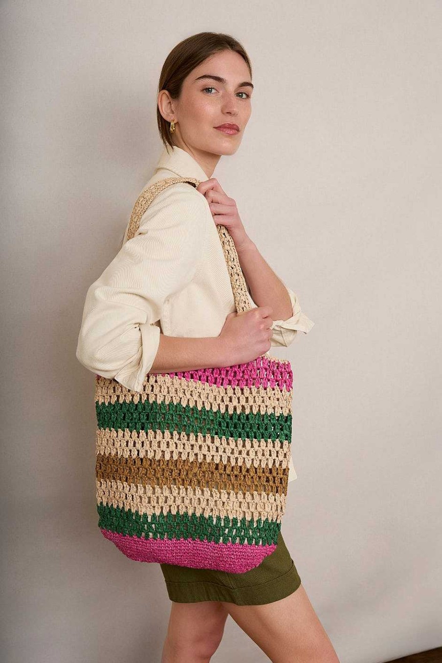 WYSE London Accessories & Shoes | Orla Raffia Bag - Pink/Green Stripe