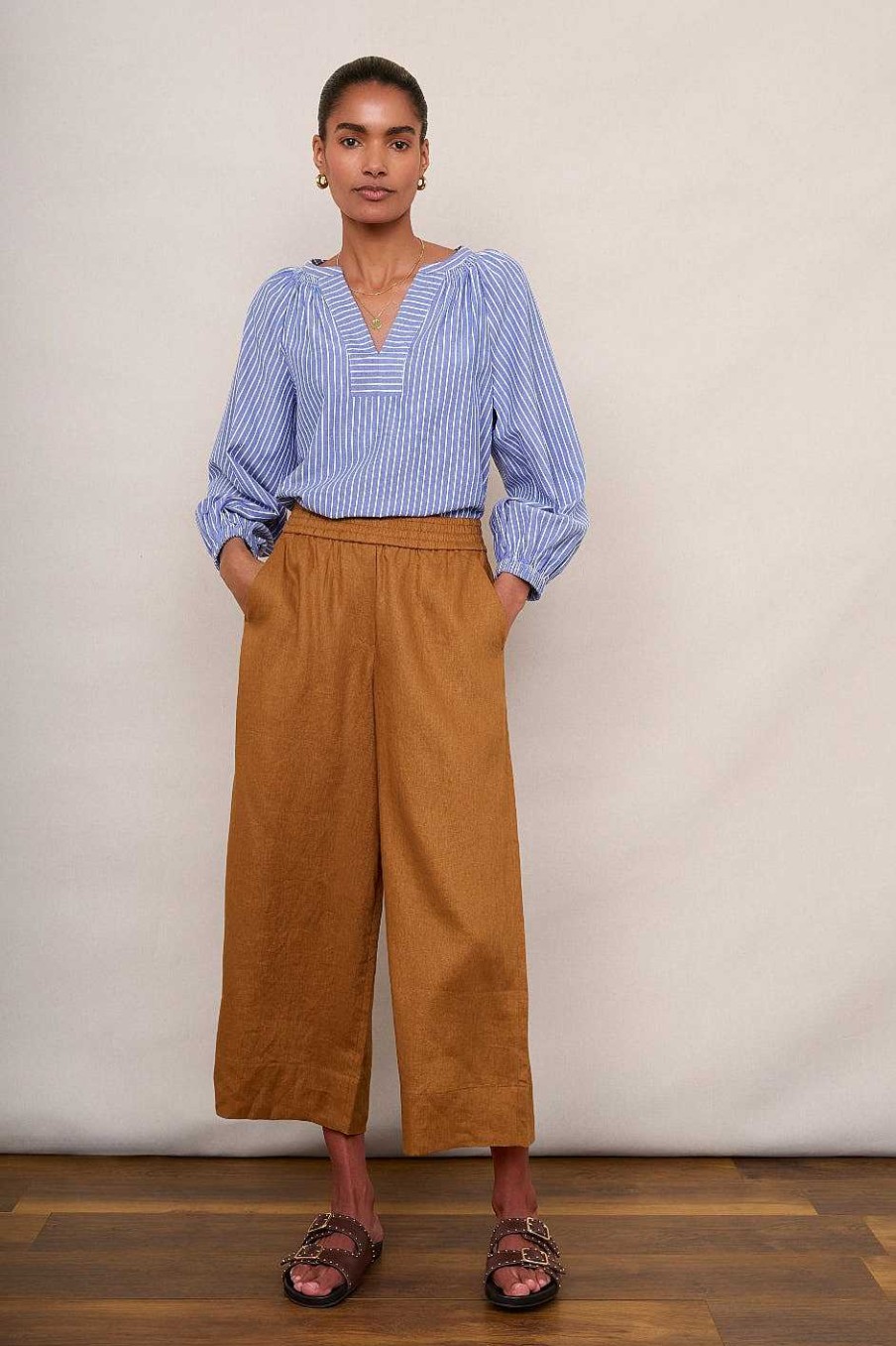 WYSE London Trousers | Alma Cropped Linen Trouser - Tan