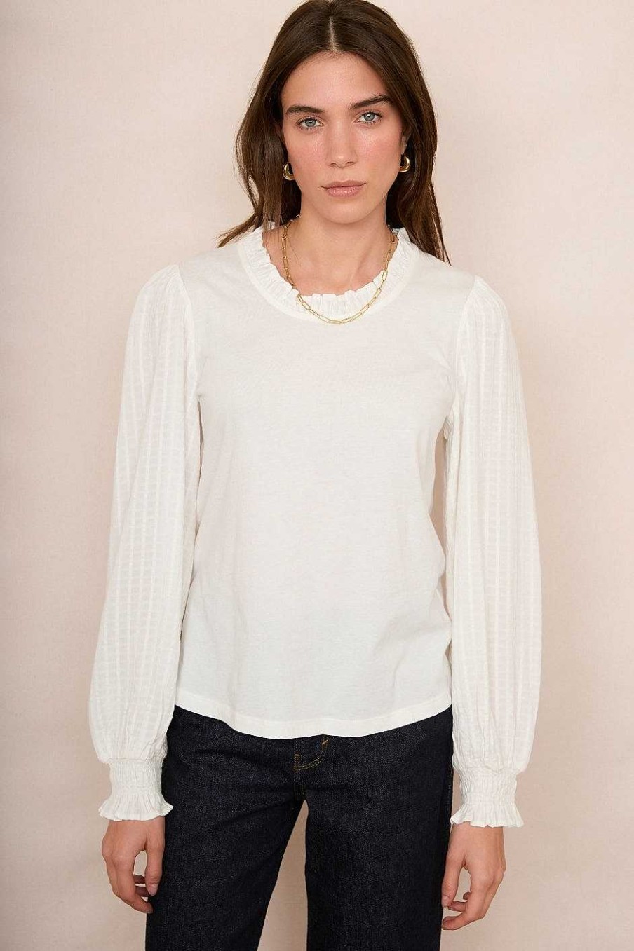 WYSE London Tops | Challes Woven Sleeve Tee - Ivory