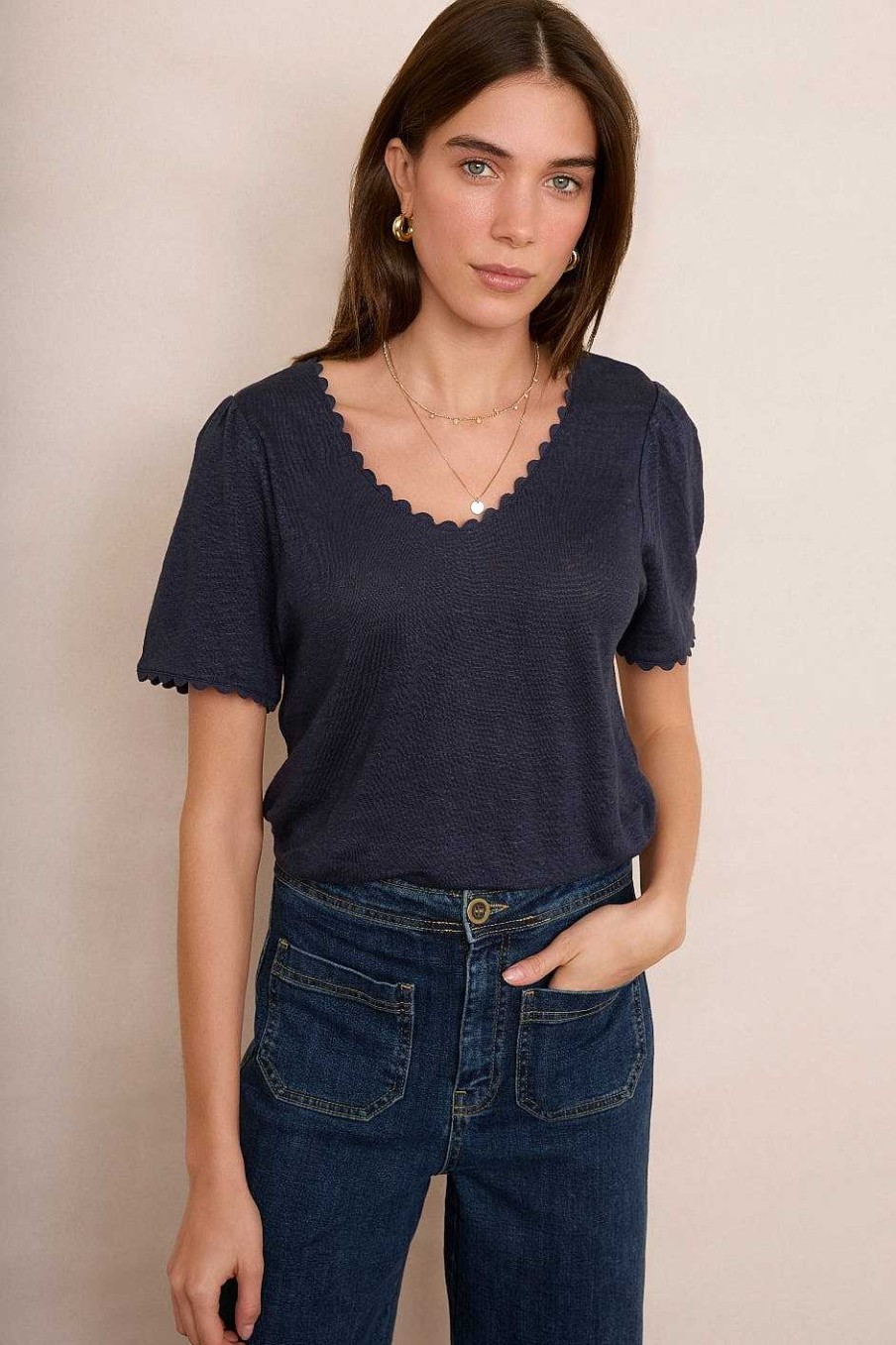 WYSE London Tops | Elyna Ric Rac Linen Tee - Midnight