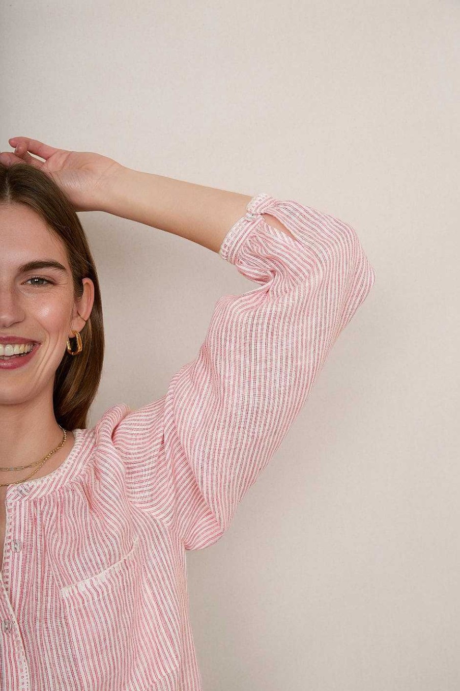 WYSE London Tops | Monica Linen Shirt - Pink Stripe