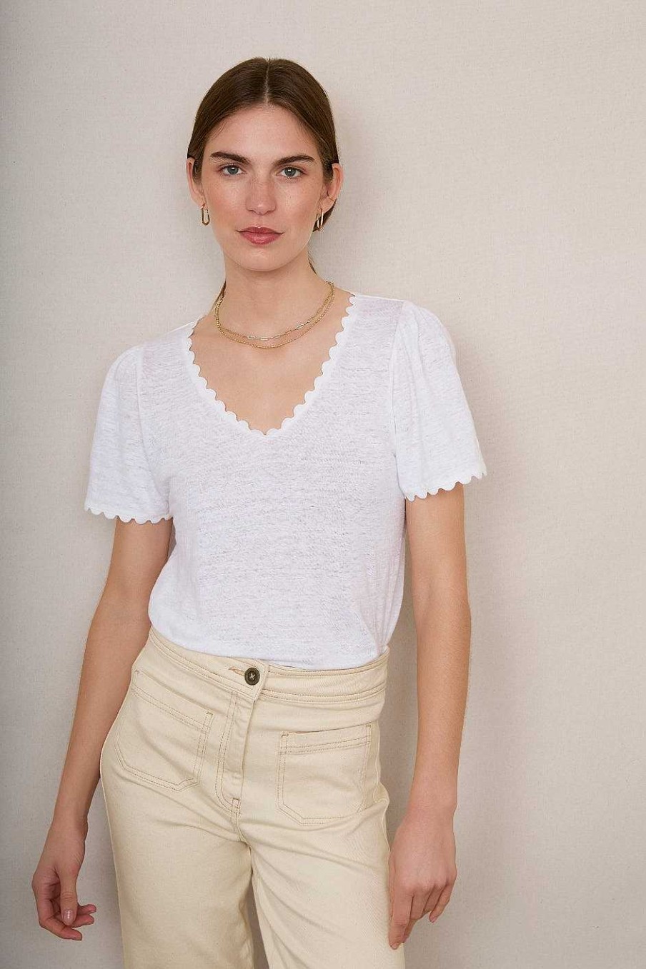 WYSE London Tops | Elyna Ric Rac Linen Tee - White