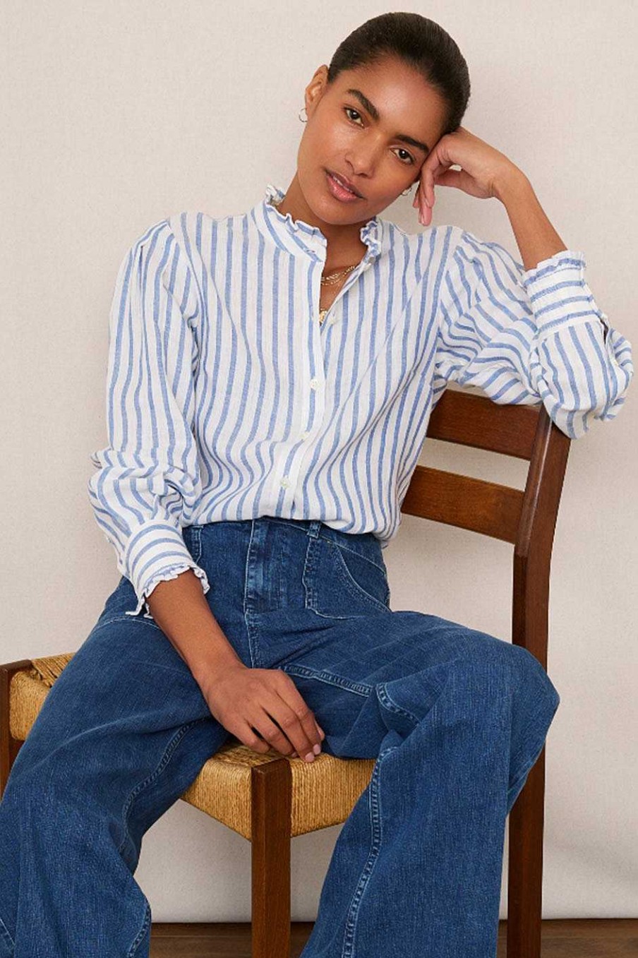 WYSE London Linen | Paris Linen Frill Shirt - Blue Stripe