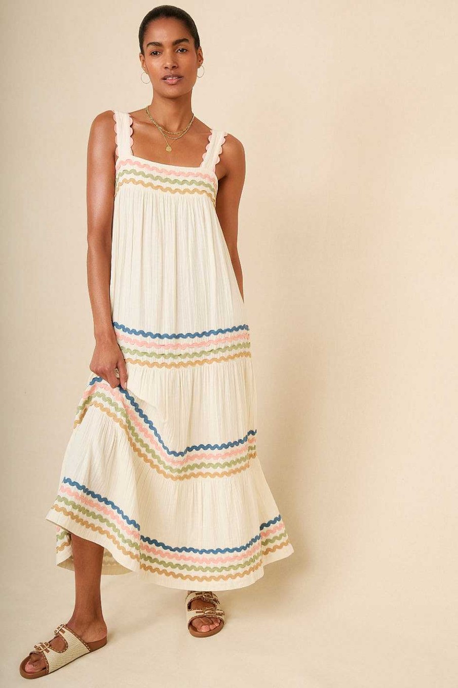 WYSE London Holiday | Luciella Ric Rac Dress - Ivory/Multi