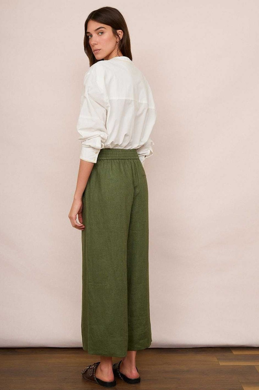 WYSE London Trousers | Alma Cropped Linen Trouser - Khaki