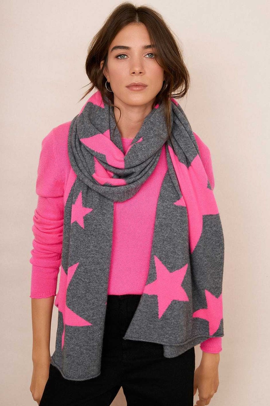 WYSE London Accessories & Shoes | Adelina Star Scarf - Grey/Neon Pink