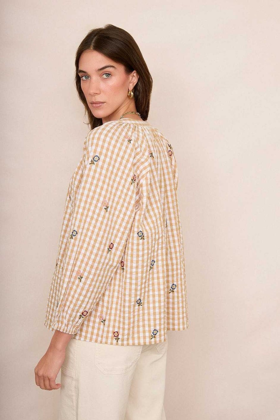 WYSE London Tops | Skylar Blouse - Tan/Ecru