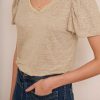 WYSE London Tops | Lily Shimmer Trim Linen Tee - Oat/Gold