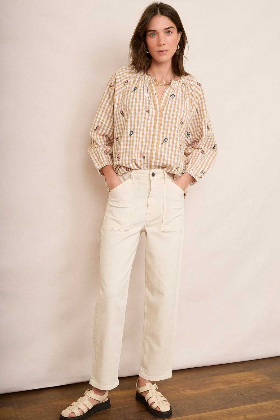 WYSE London Tops | Skylar Blouse - Tan/Ecru