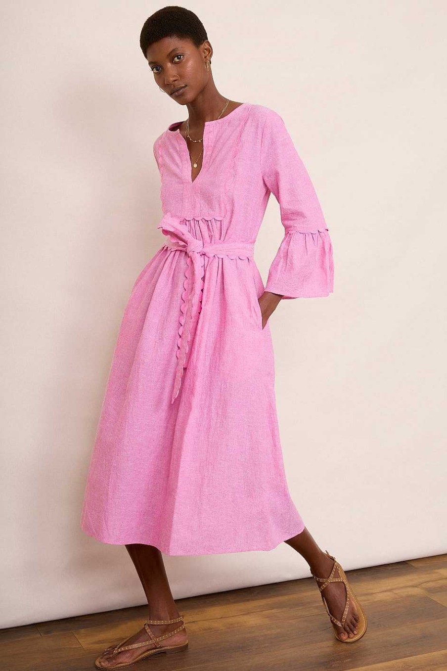 WYSE London Linen | Billie Scallop Dress - Pink