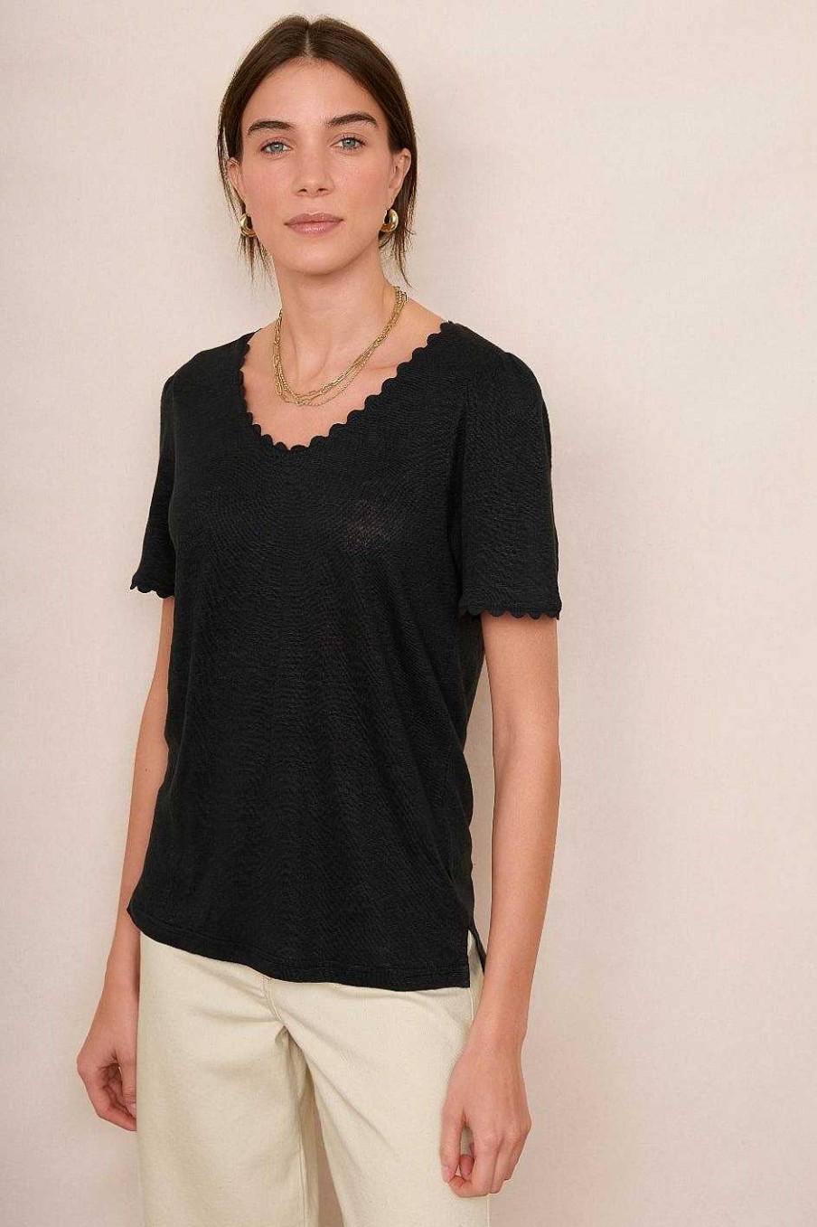 WYSE London Tops | Elyna Ric Rac Linen Tee - Black