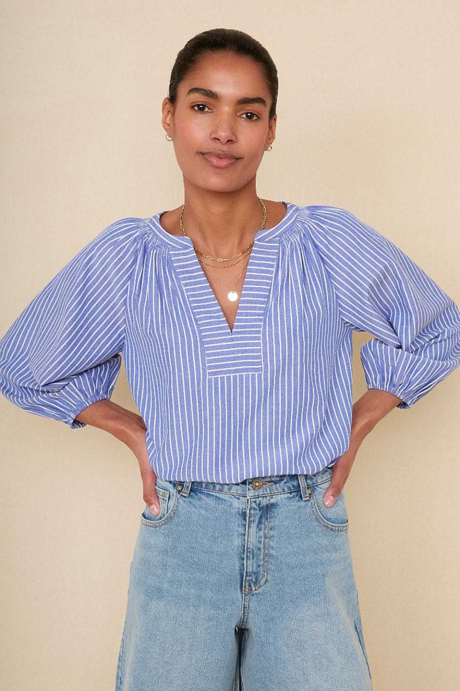 WYSE London Tops | Lorelai Stripe Shirt - Blue Stripe