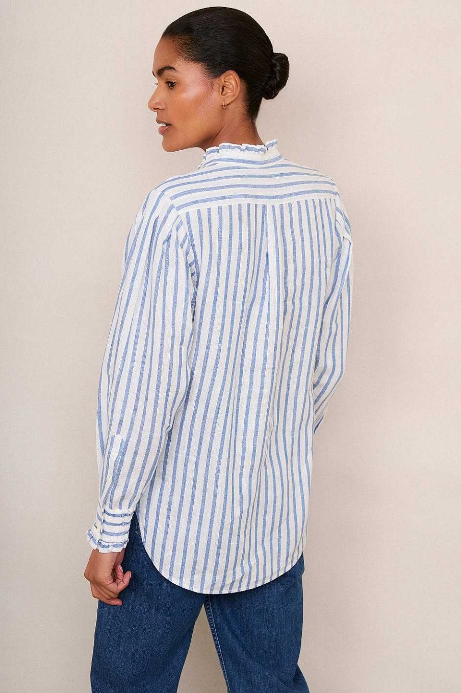 WYSE London Tops | Paris Linen Frill Shirt - Blue Stripe