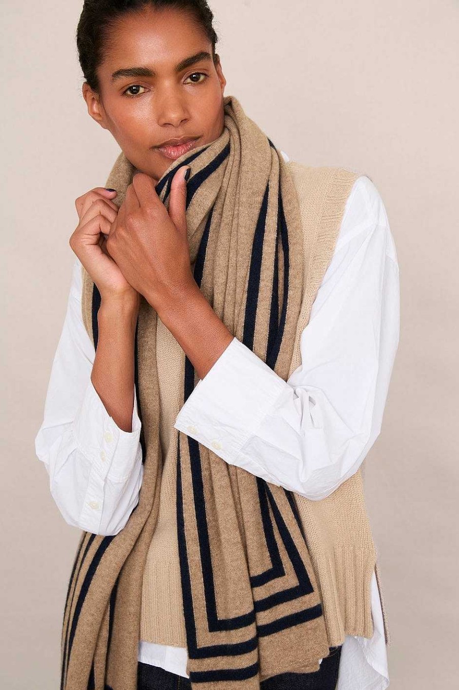 WYSE London Accessories & Shoes | Dianthe Stripe Edge Scarf - Taupe/Midnight