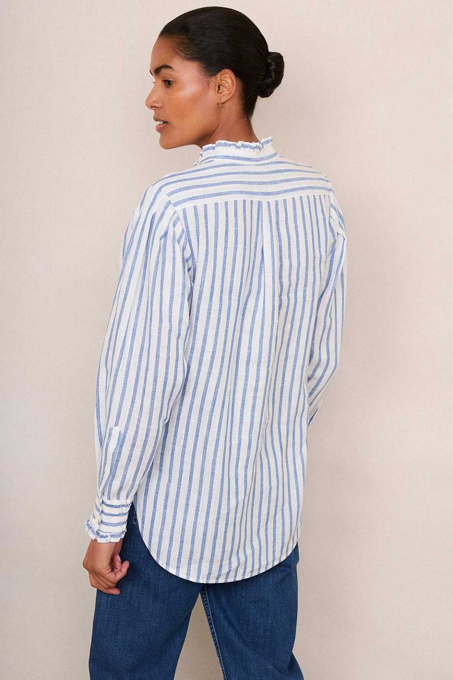 WYSE London Holiday | Paris Linen Frill Shirt - Blue Stripe