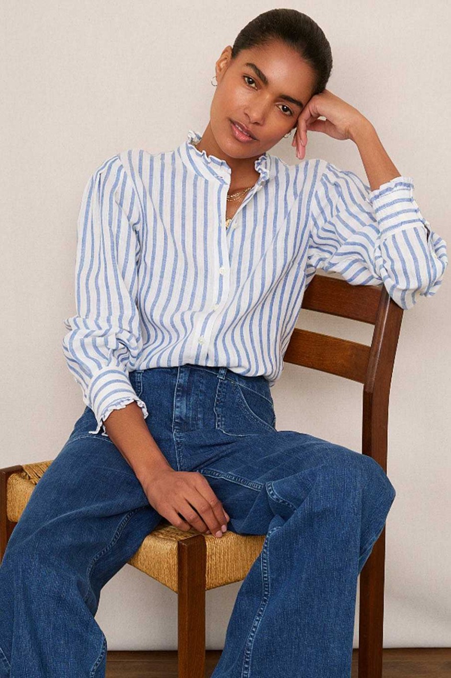 WYSE London Tops | Paris Linen Frill Shirt - Blue Stripe