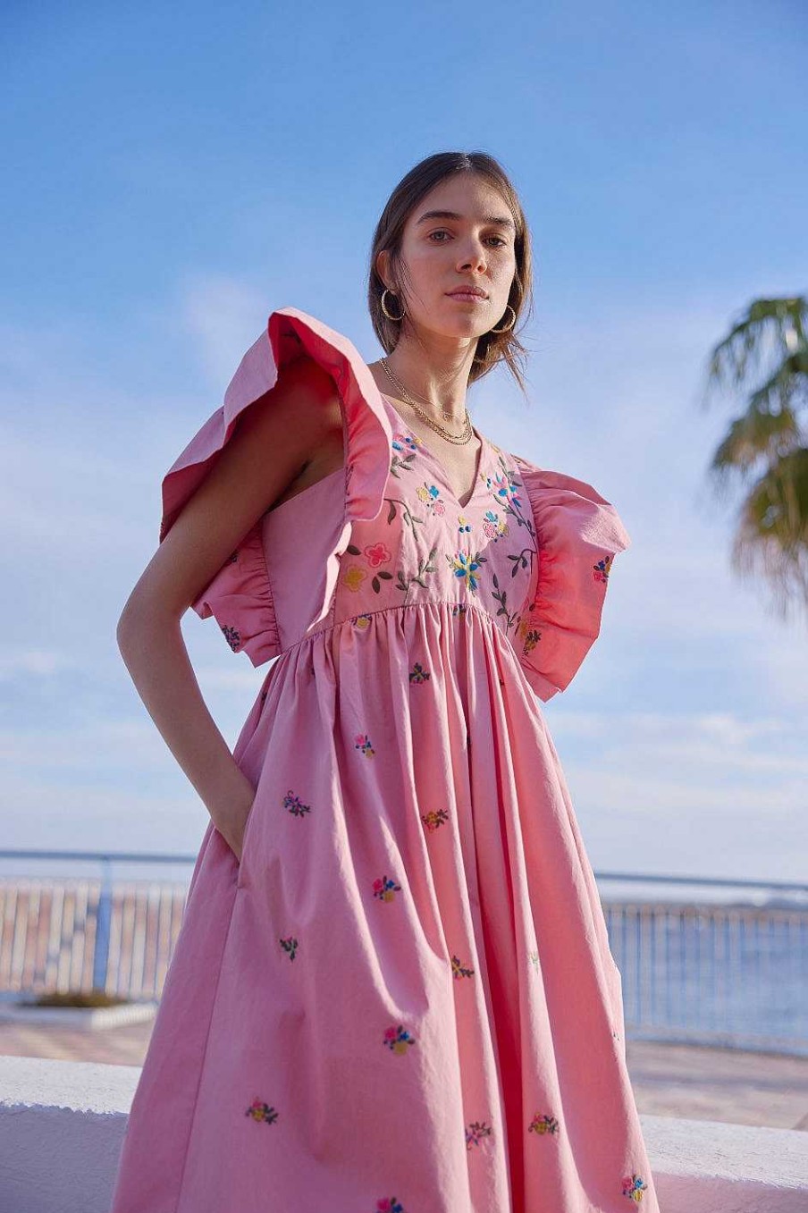 WYSE London Holiday | Emmeline Dress - Pink Embroidered