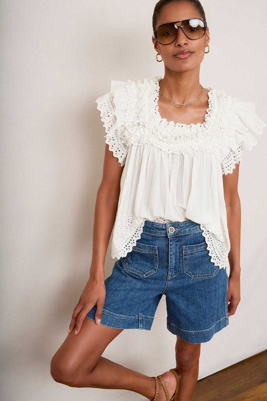 WYSE London Tops | Myla Broderie Top - Ivory