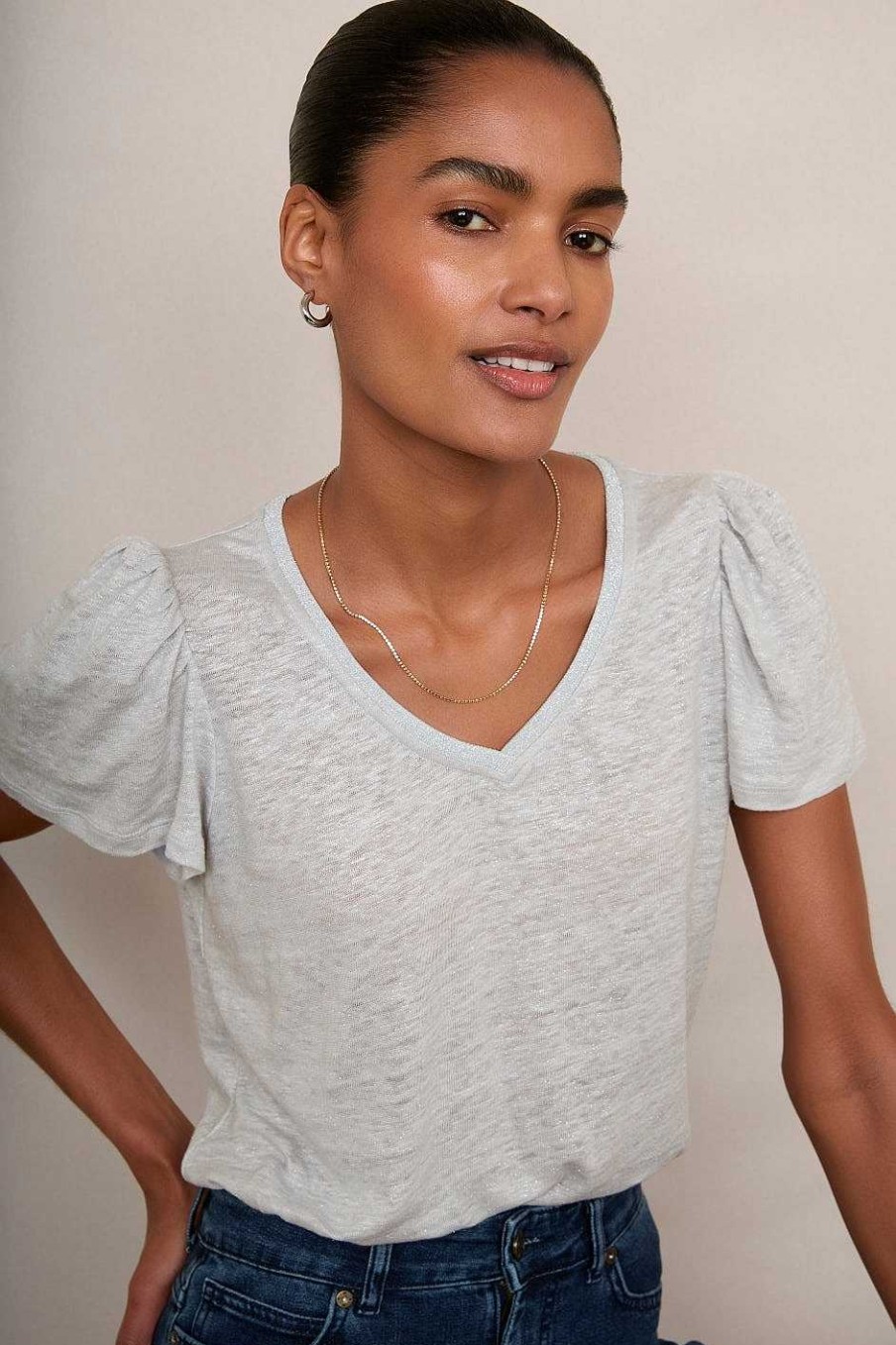 WYSE London Linen | Lily Shimmer Trim Linen Tee - Silver